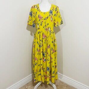 Anthony Richards Yellow Floral Smocked Short Sleeve Midi Dress Size XL
